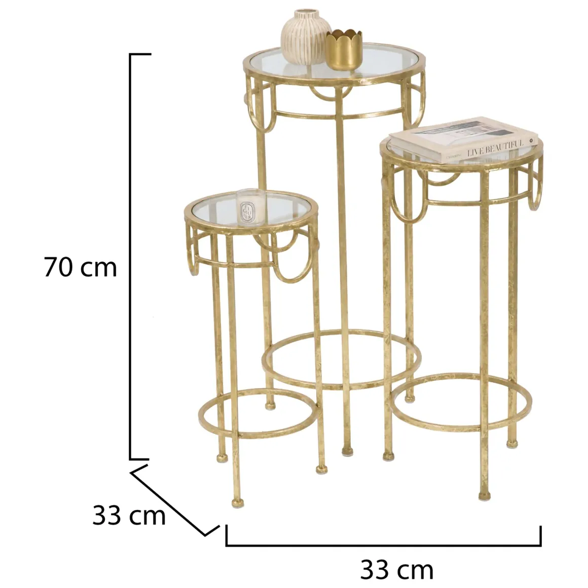 Tavolino da Salotto oro Trasparente set da 3 Portatelefono Forma Rotondo 33x33x70h cm, Colore Ripiano Trasparente - Gama