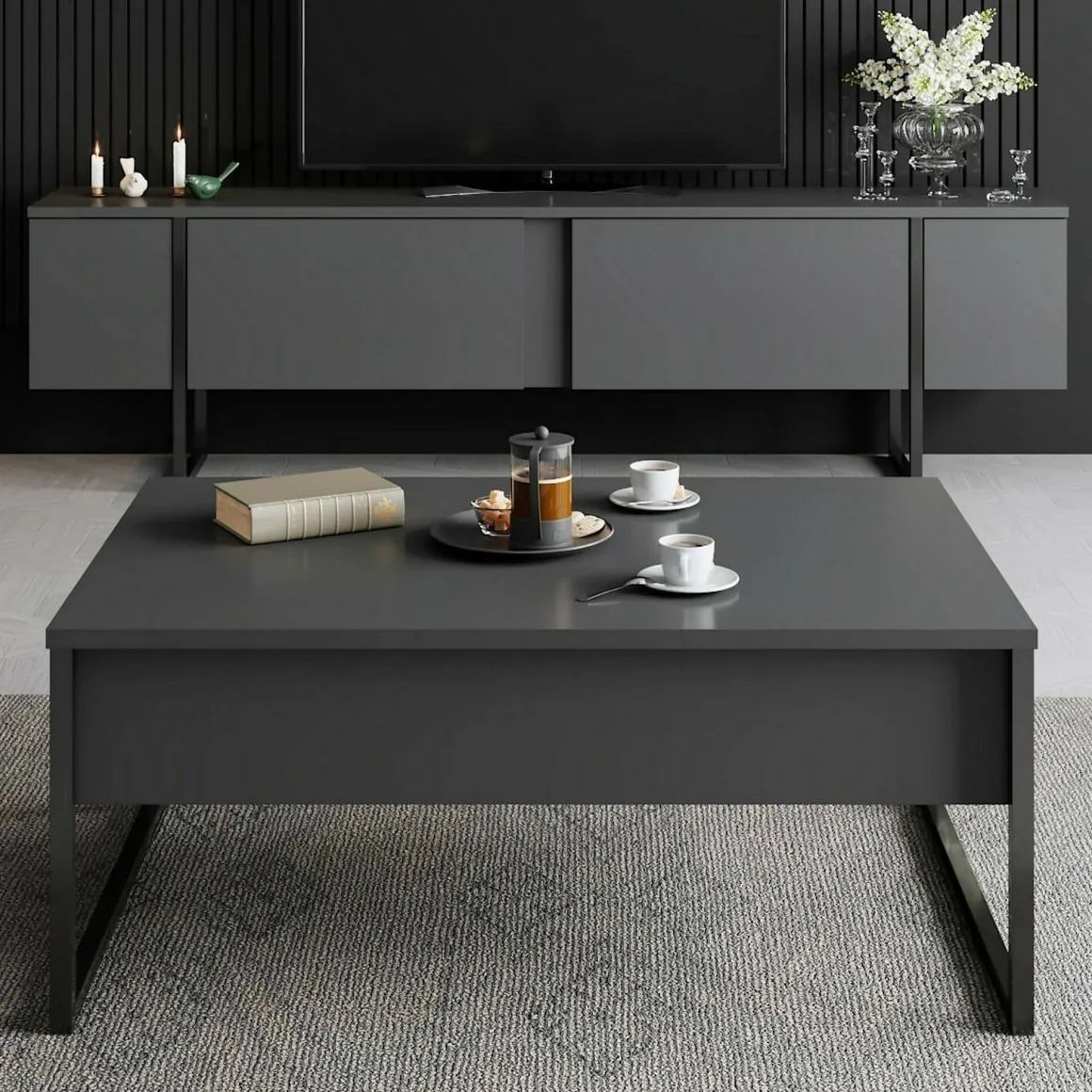 Tavolino da salotto rettangolare antracite e nero 90x60x40h cm - Lavinia