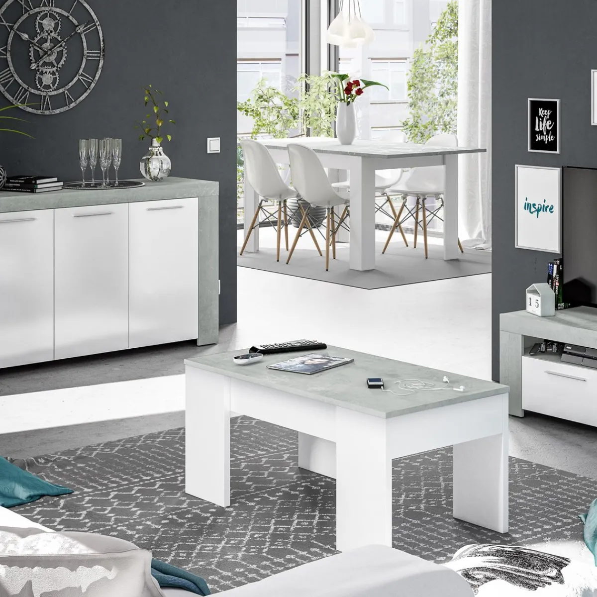 Tavolini Da Salotto|Salotto > Dmora Tavolino da salotto rettangolare bianco e cemento 100x45x50h cm - Almas Grigio, Bianco Cemento