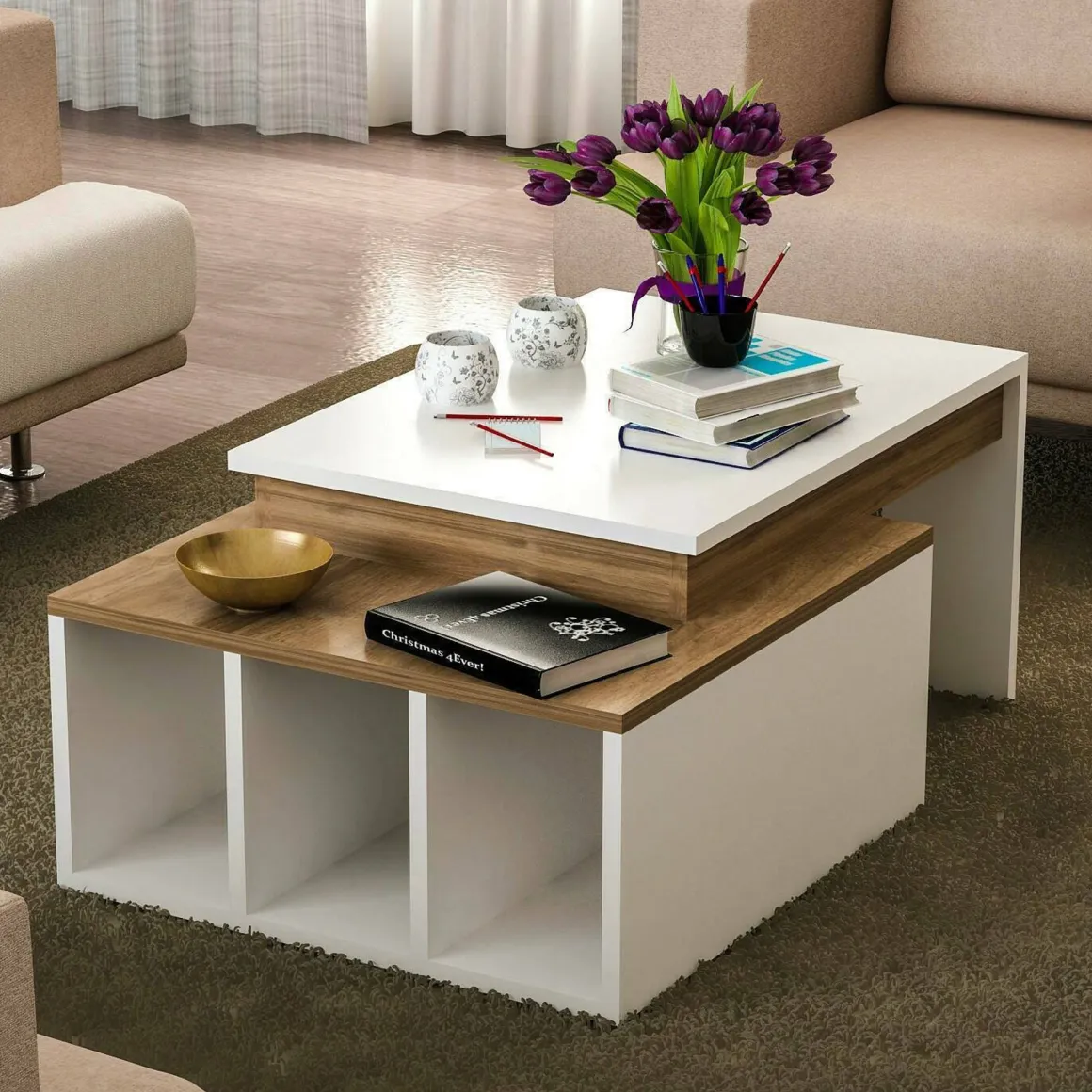 Tavolini Da Salotto > Dmora Tavolino da salotto rettangolare bianco e noce 90x60x42h cm - Langosco Marrone, Bianco Noce