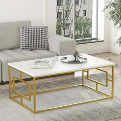 Tavolino da salotto rettangolare bianco e oro 100x60x40h cm - Franca