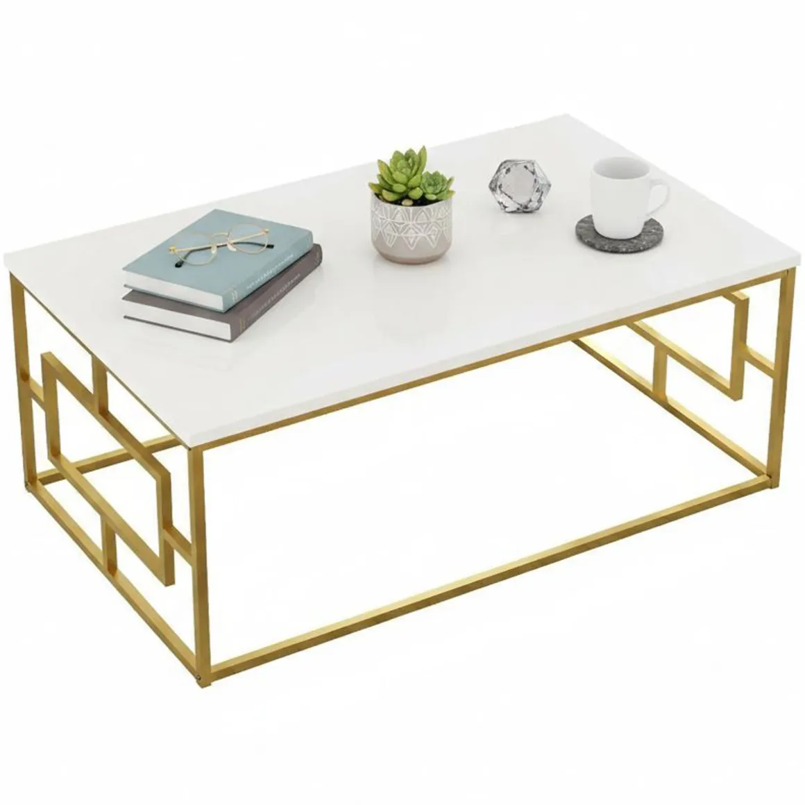 Tavolino da salotto rettangolare bianco e oro 100x60x40h cm - Franca