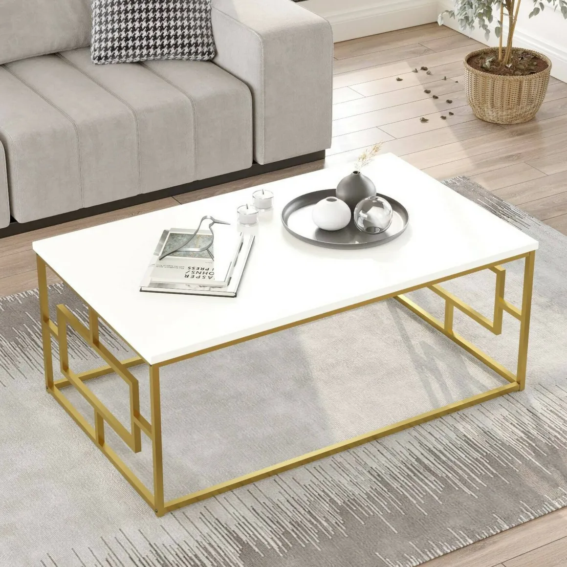 Tavolino da salotto rettangolare bianco e oro 100x60x40h cm - Franca