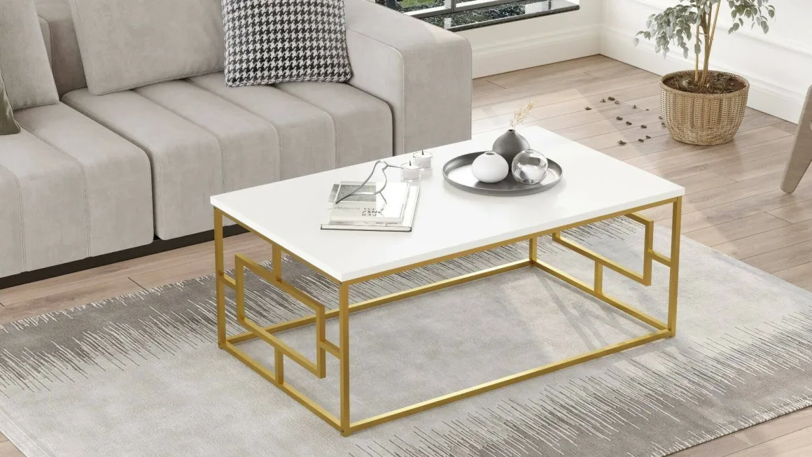 Tavolino da salotto rettangolare bianco e oro 100x60x40h cm - Franca