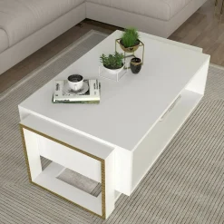 Tavolini Da Salotto|Salotto > Dmora Tavolino da salotto rettangolare bianco e oro 106x60x40h cm - Gigliola Oro, Bianco