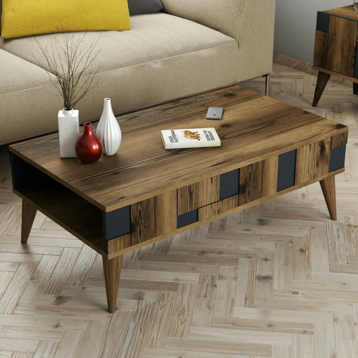 Tavolino da salotto rettangolare noce e antracite 105x60x37h cm - Yang