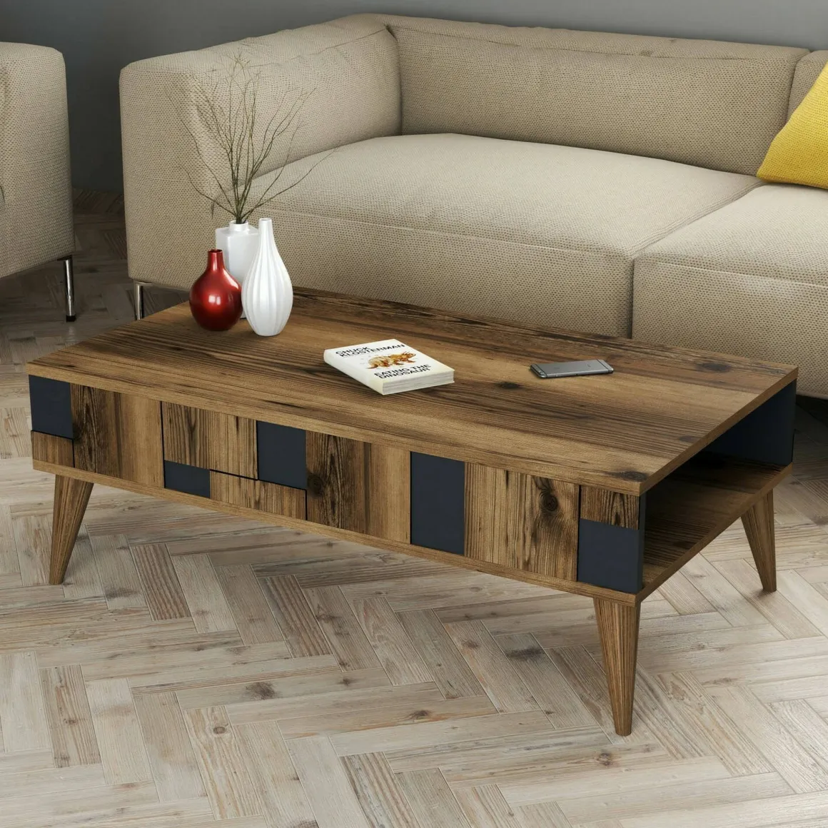 Tavolino da salotto rettangolare noce e antracite 105x60x37h cm - Yang