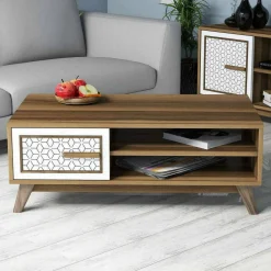 Tavolini Da Salotto|Salotto > Dmora Tavolino da salotto rettangolare noce e bianco 120x63x30h cm - Anz Bianco, Marrone Noce