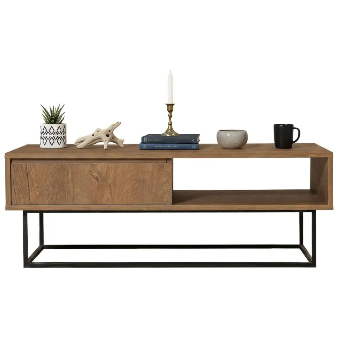 Tavolino da salotto rettangolare noce e nero 120x60x43h cm con scaffale scorrevole - Bard