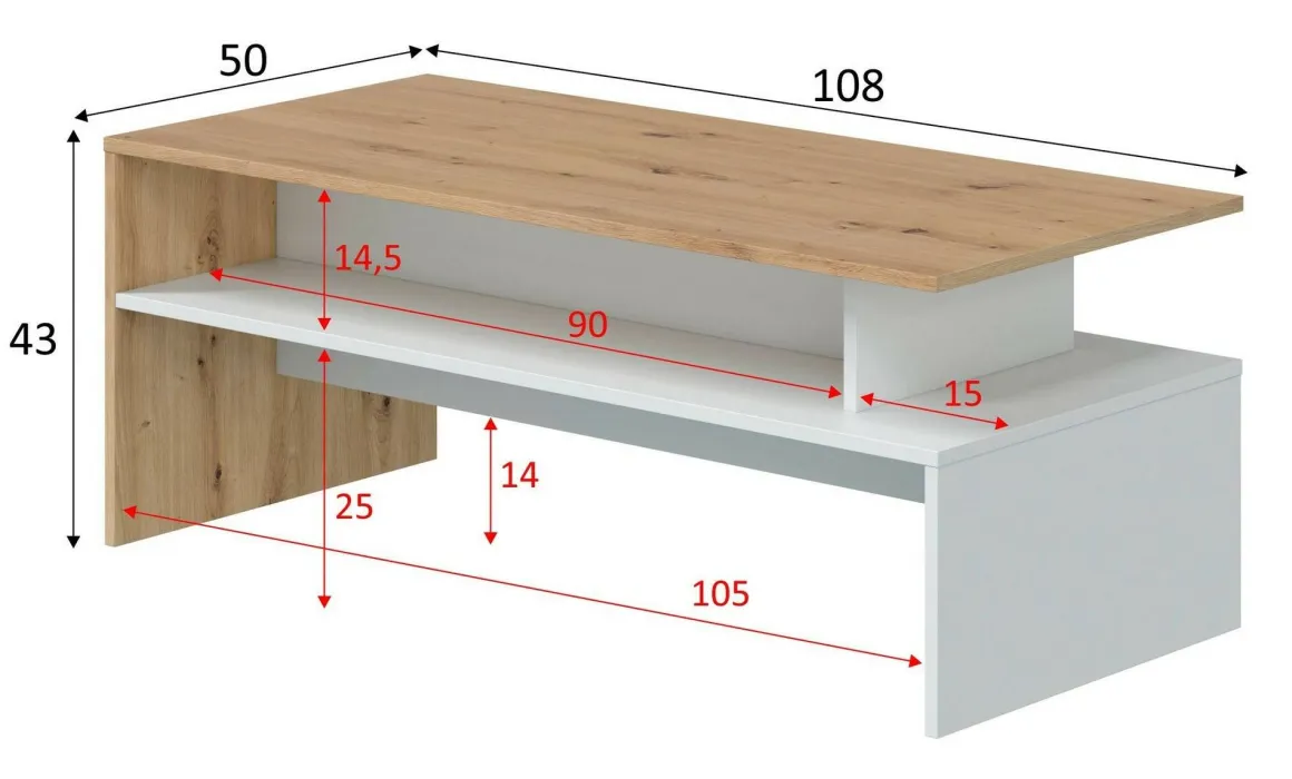 Tavolino da salotto rettangolare rovere nodi e bianco lucido 108x50x43h cm - Bartolomea