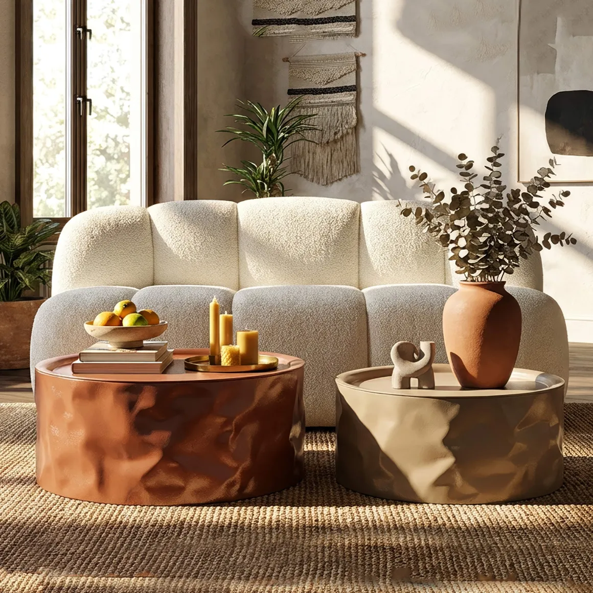 Tavolino da Salotto Rosso Marrone set da 2 Forma Rotondo 34x66x66h cm, Colore Ripiano Rosso - Ganovama