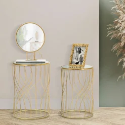 Tavolino da Salotto Trasparente oro set da 2 Forma Rotondo 38x38x55h cm, Colore Ripiano Trasparente - Fate
