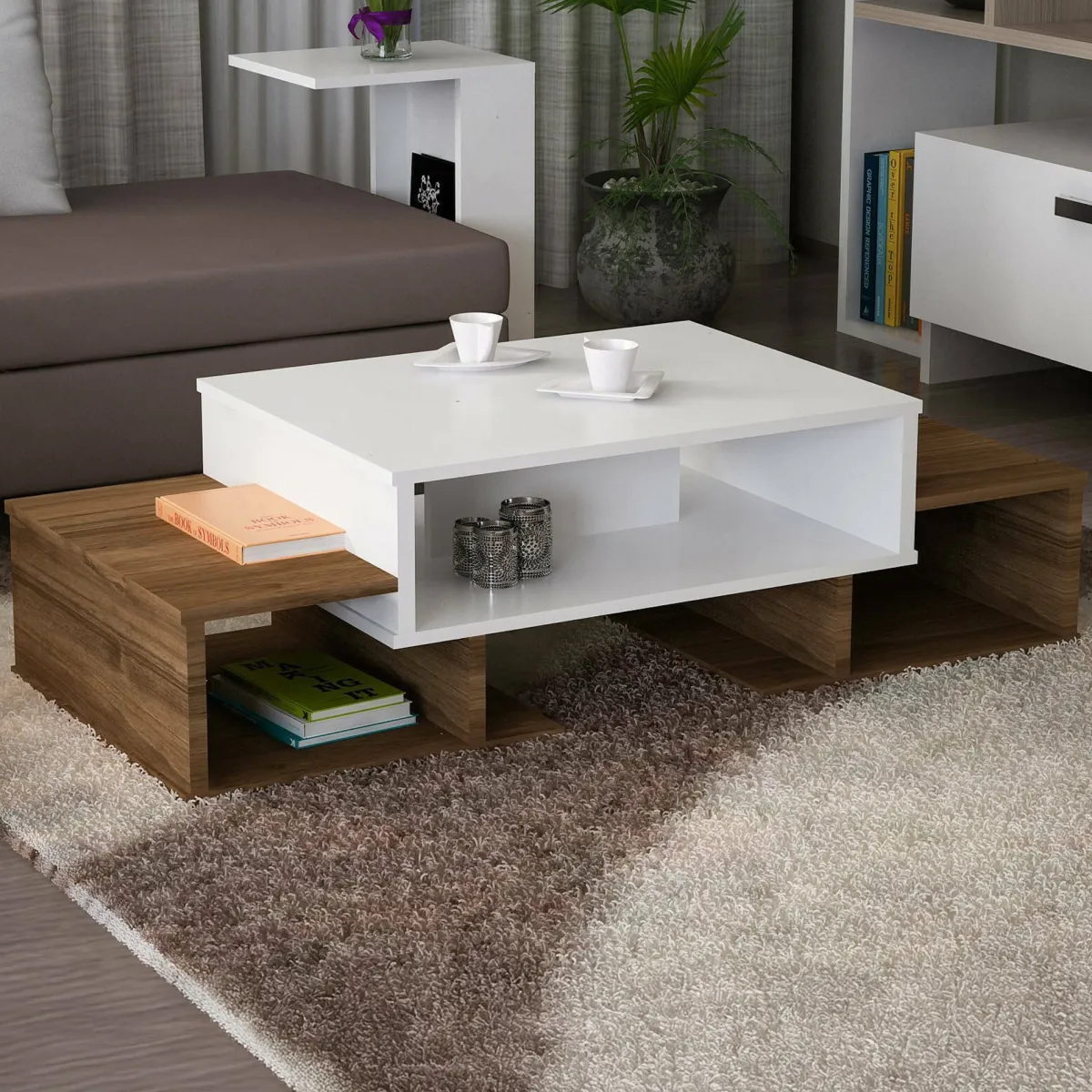 Tavolini Da Salotto > Dmora Tavolino salotto complesso bianco e noce 103x60x39h cm - Montella Marrone, Bianco Noce
