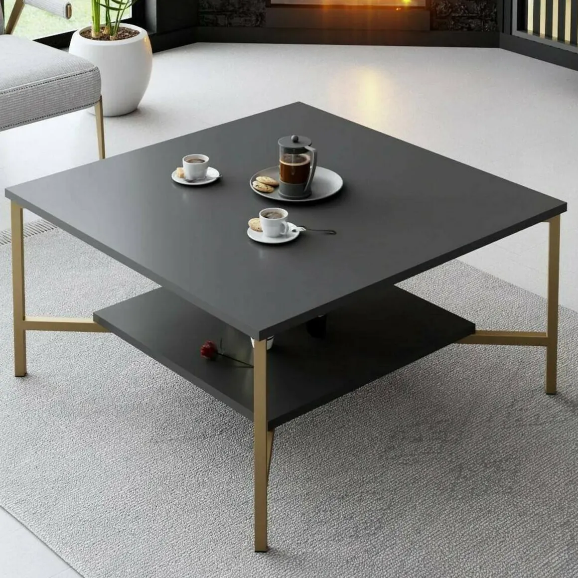 Tavolino salotto quadrato antracite e oro 80x80x40h cm - Mia