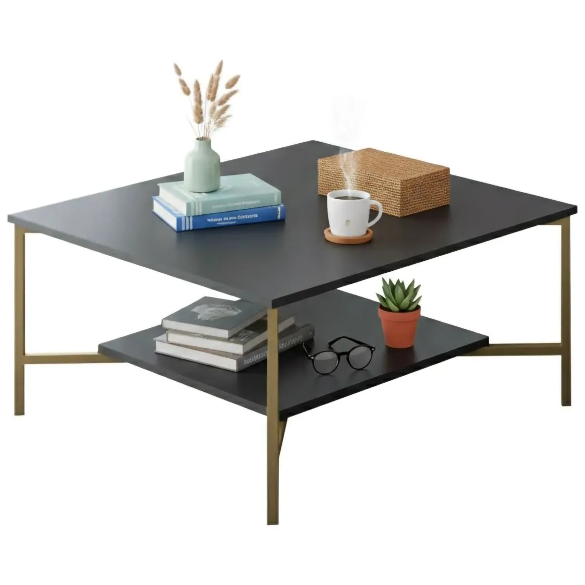 Tavolino salotto quadrato antracite e oro 80x80x40h cm - Mia