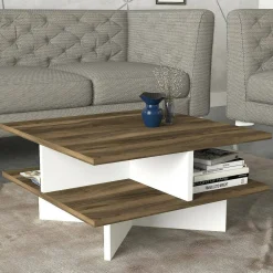 Tavolini Da Salotto|Salotto > Dmora Tavolino salotto quadrato noce e oro 80x80x40h cm - Mia Oro, Marrone Noce