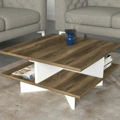 Tavolini Da Salotto|Salotto > Dmora Tavolino salotto quadrato noce e oro 80x80x40h cm - Mia Oro, Marrone Noce
