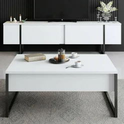 Tavolini Da Salotto|Salotto > Dmora Tavolino salotto rettangolare bianco e oro 90x39x40h cm - Raiden Oro, Bianco