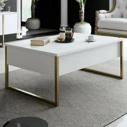 Tavolino salotto rettangolare bianco e oro 90x60x40h cm - Lavinia