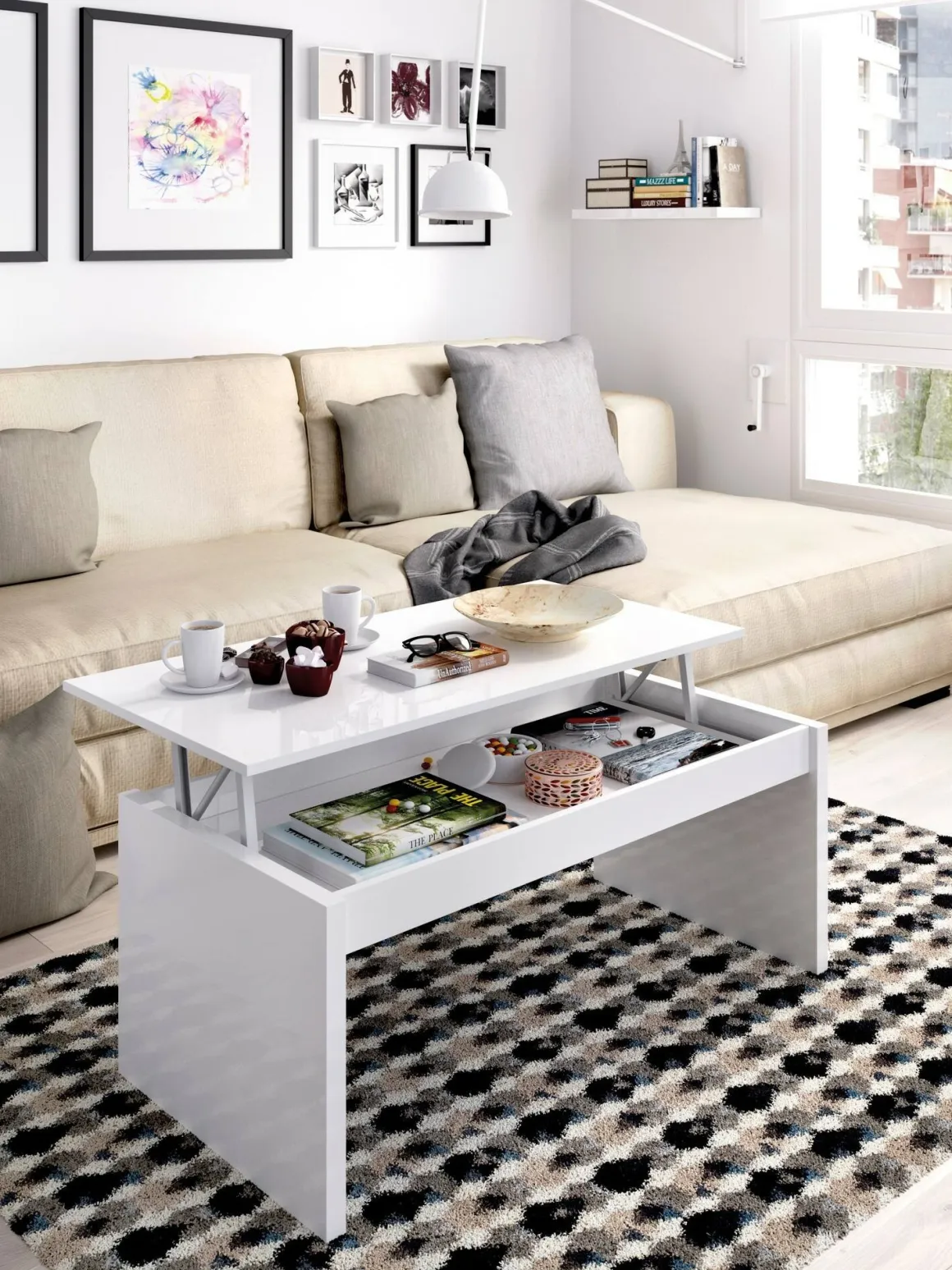 Tavolini Da Salotto|Salotto > Dmora Tavolino salotto rettangolare bianco lucido e acero 110x60x40h cm - Ashar Marrone Acero, Bianco Lucido