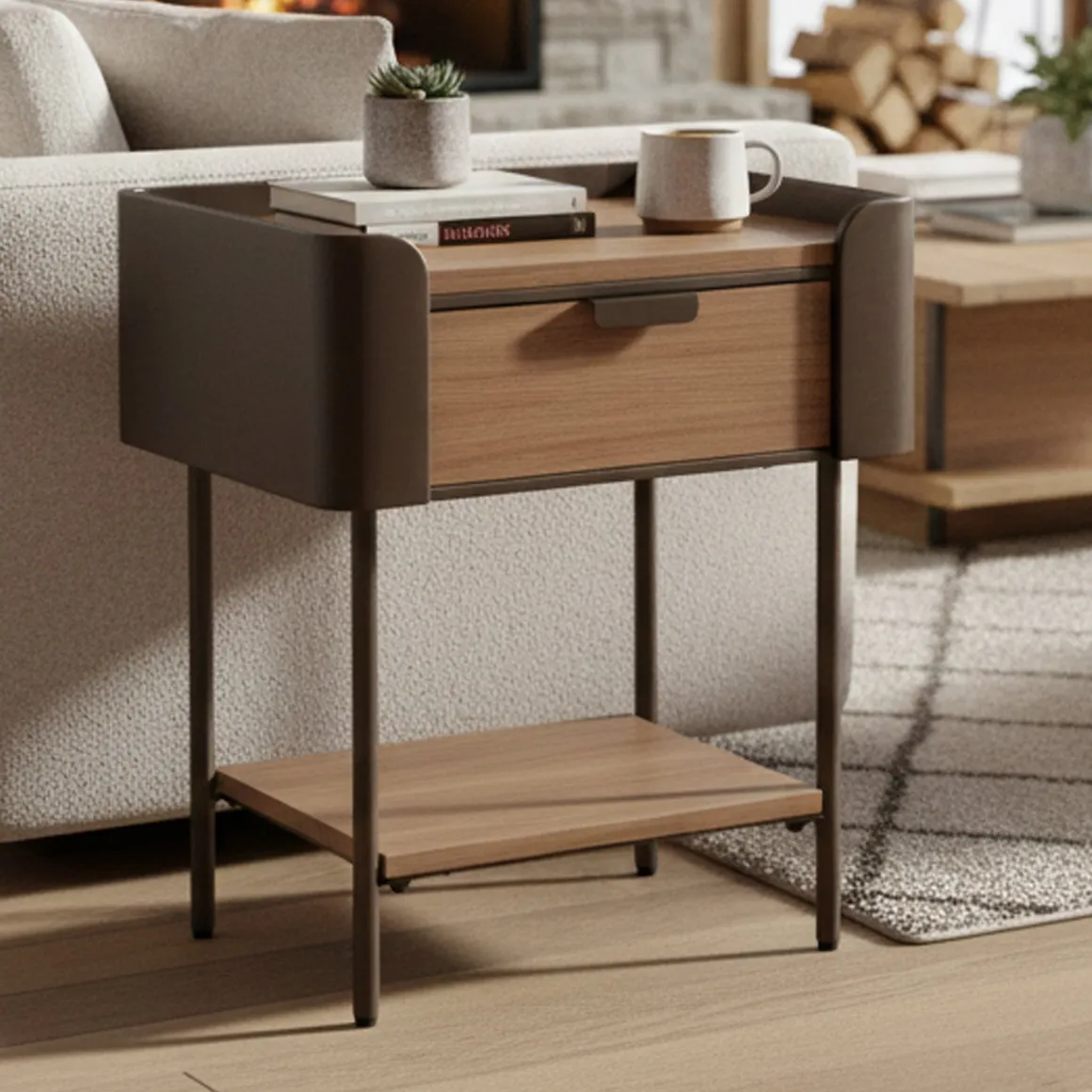 Tavolino salotto rettangolare grigio e marrone 50x41x60h cm con 1 cassetto - Muse