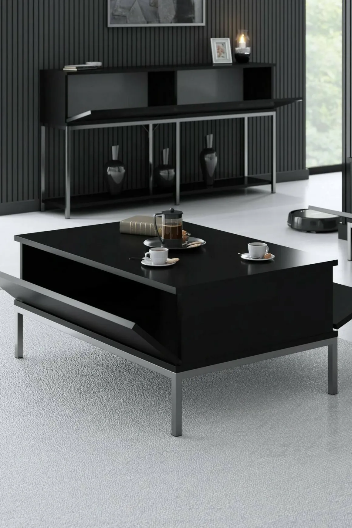 Tavolino salotto rettangolare nero e argento 90x60x40h cm - Vespero