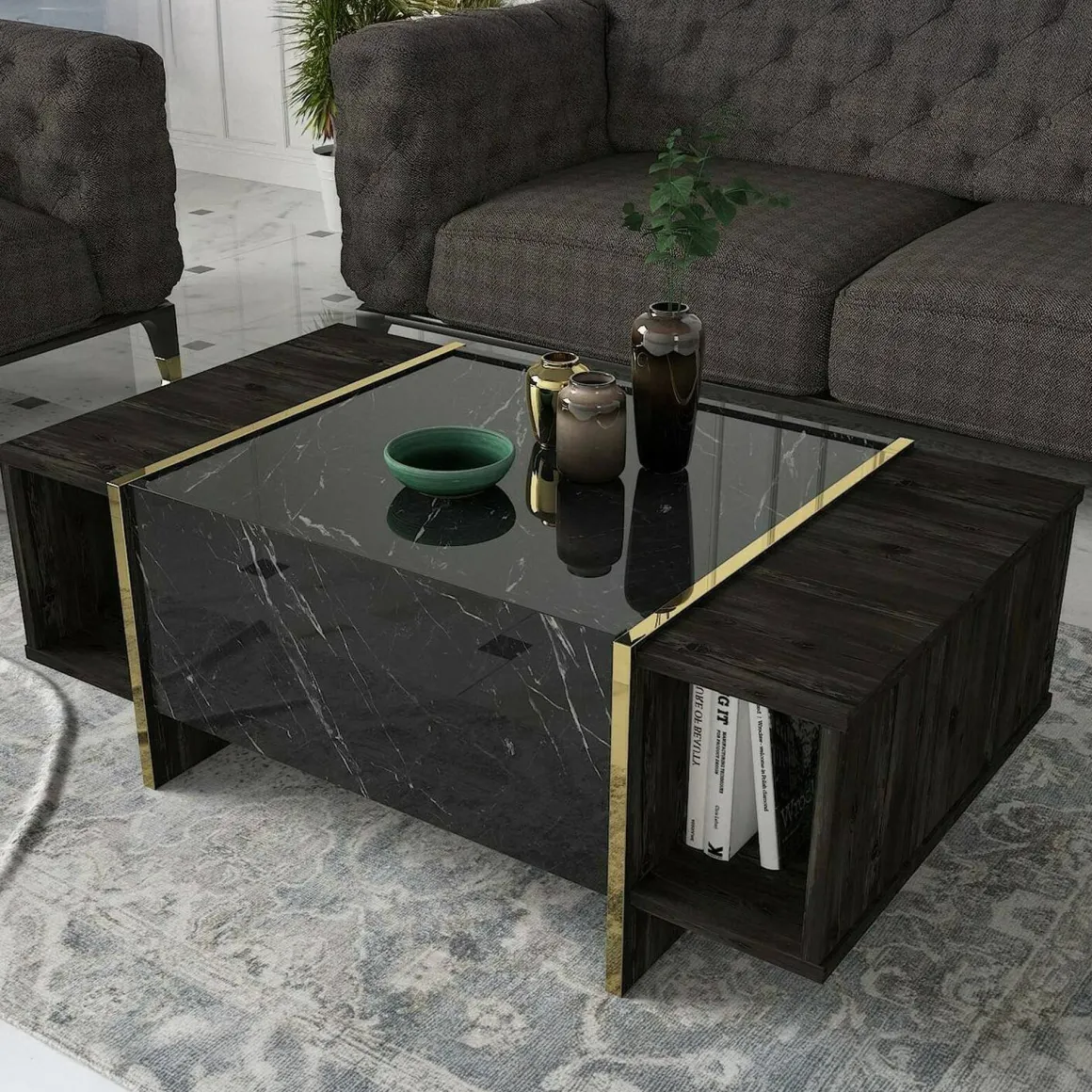 Tavolino salotto rettangolare nero e oro 103x60x37h cm - Salvador