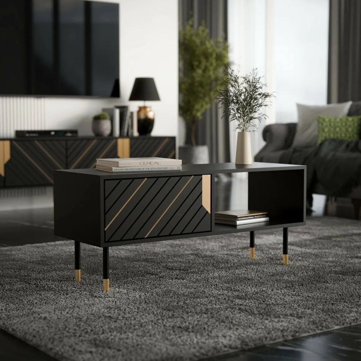 Tavolino salotto rettangolare nero e oro 110x60x46h cm - Sersale