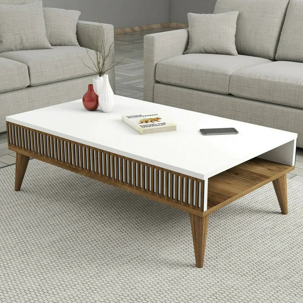 Tavolino salotto rettangolare noce e bianco 105x60x34h cm - Atrani