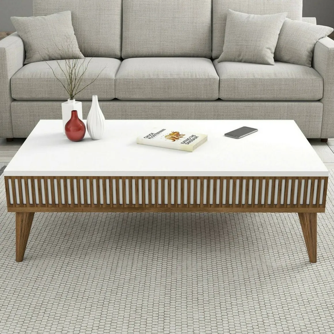 Tavolino salotto rettangolare noce e bianco 105x60x34h cm - Atrani