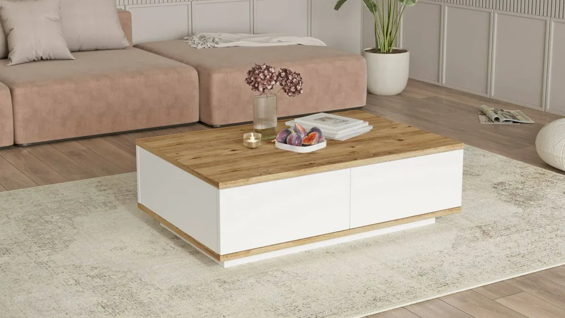 Tavolini Da Salotto > Dmora Tavolino salotto rettangolare quercia e nero 100x60x43h cm con 2 cassetti - Bijli Nero, Marrone Quercia