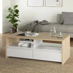 Tavolino salotto rettangolare rovere e bianco lucido 120x60x45h cm con 2 cassetti - Shote
