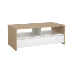 Tavolino salotto rettangolare rovere e bianco lucido 120x60x45h cm con 2 cassetti - Shote