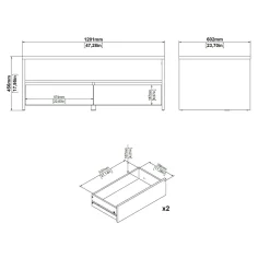 Tavolino salotto rettangolare rovere e bianco lucido 120x60x45h cm con 2 cassetti - Shote
