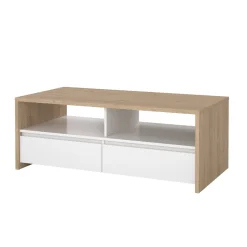Tavolino salotto rettangolare rovere e bianco lucido 120x60x45h cm con 2 cassetti - Shote