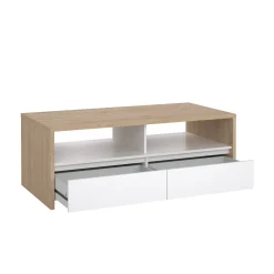Tavolino salotto rettangolare rovere e bianco lucido 120x60x45h cm con 2 cassetti - Shote