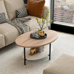 Tavolini Da Salotto > Dmora Tavolino soggiorno ovale quercia e bianco 90x60x36h cm - Subiaco Bianco, Marrone Quercia