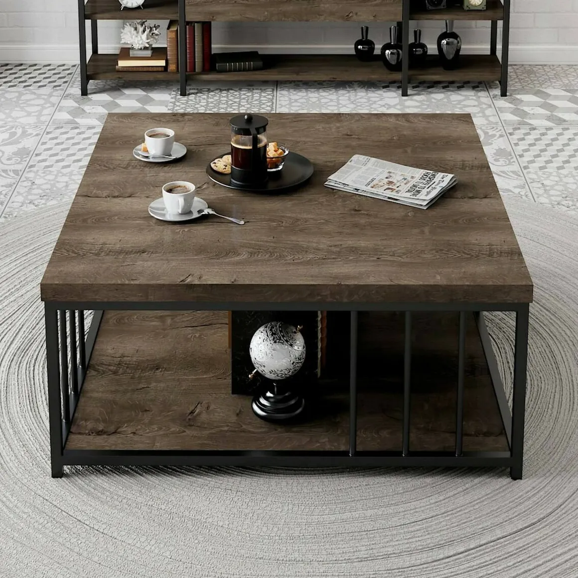 Tavolino soggiorno quadrato noce e nero 90x90x40h cm - Raiden