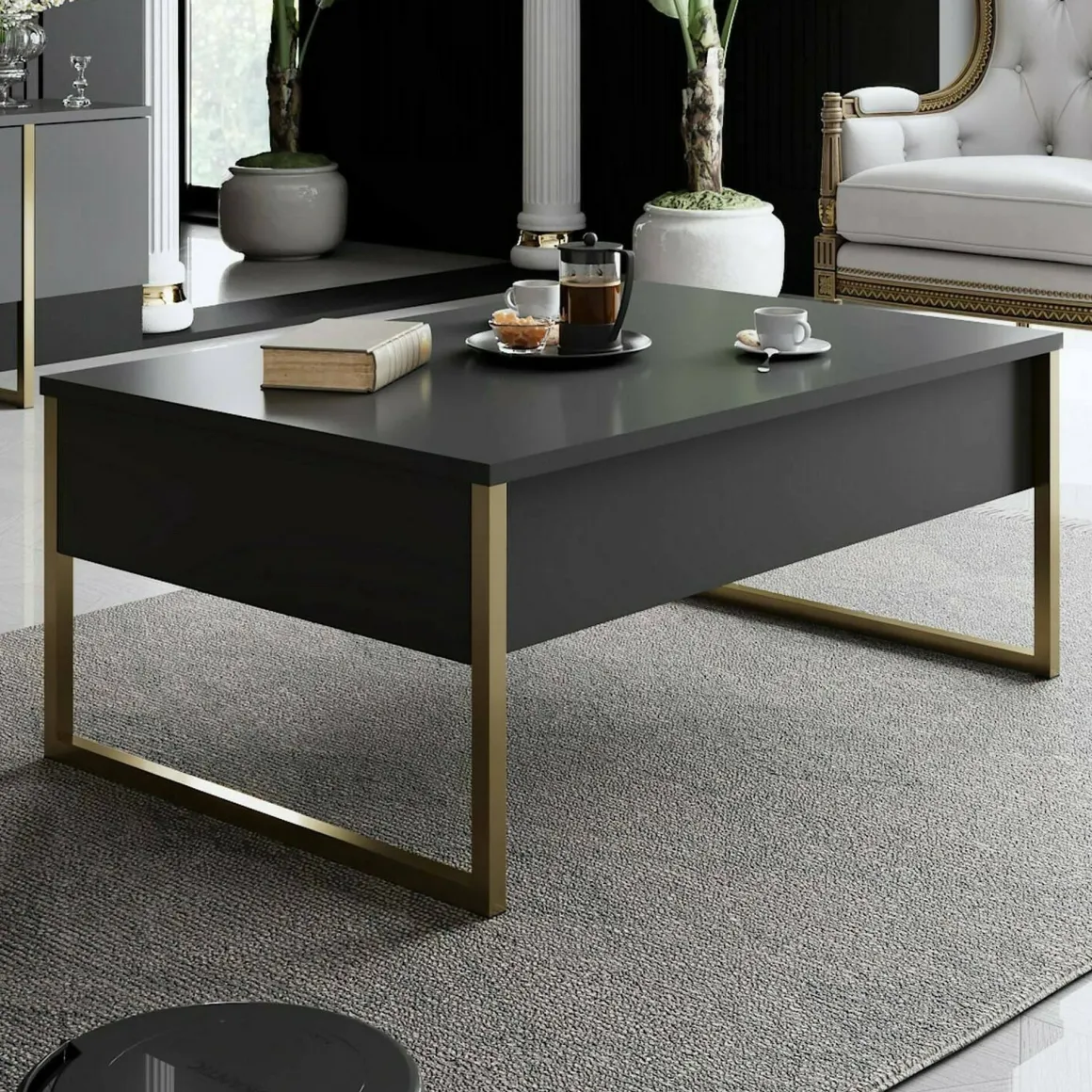 Tavolino soggiorno rettangolare antracite e oro 90x60x40h cm - Lavinia