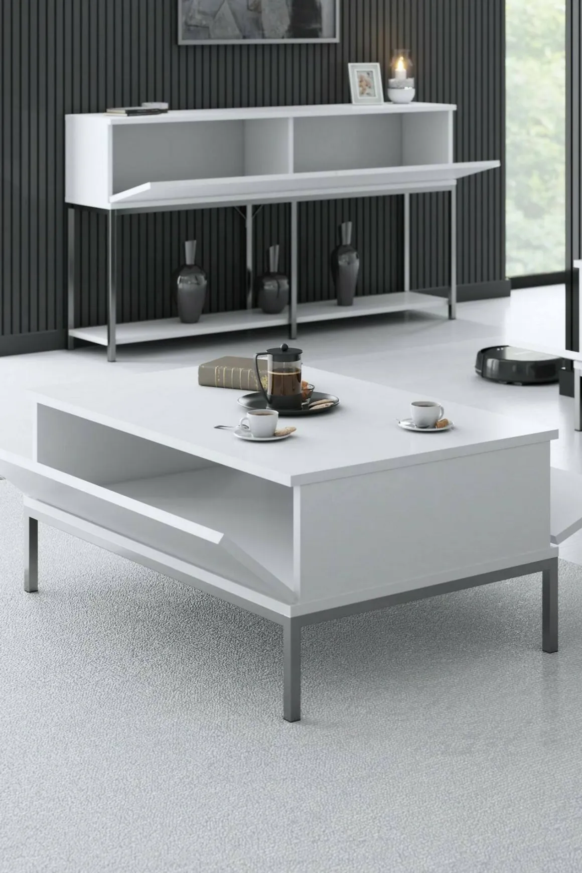 Tavolini Da Salotto > Dmora Tavolino soggiorno rettangolare bianco e grigio 120x51x101h cm - Pontebba Grigio, Bianco