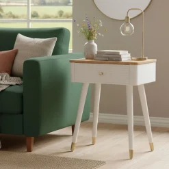 Tavolino soggiorno rettangolare bianco e marrone 45x32x62h cm con 1 cassetto - Fridal