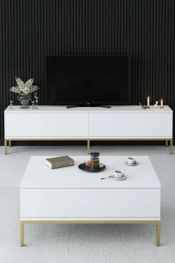 Tavolino soggiorno rettangolare bianco e oro 90x60x40h cm - Vespero
