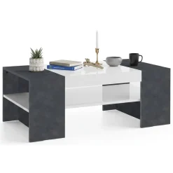 Tavolino soggiorno rettangolare bianco lucido e ardesia 110x60x40h cm - Ashar