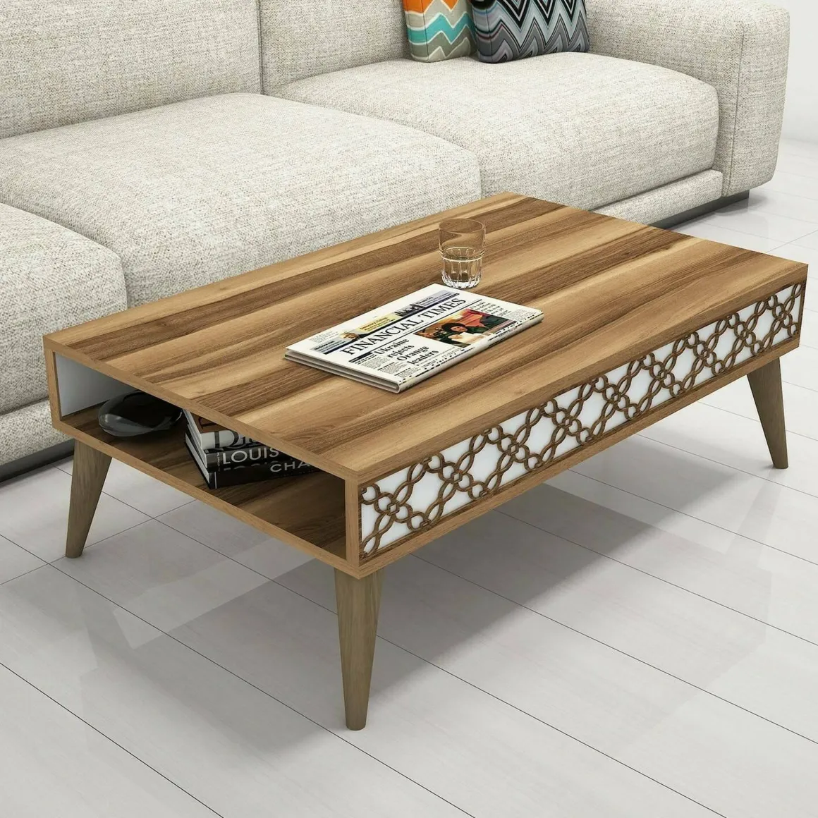 Tavolini Da Salotto > Dmora Tavolino soggiorno rettangolare noce e bianco 119x60x40h cm - Elain Bianco, Marrone Noce