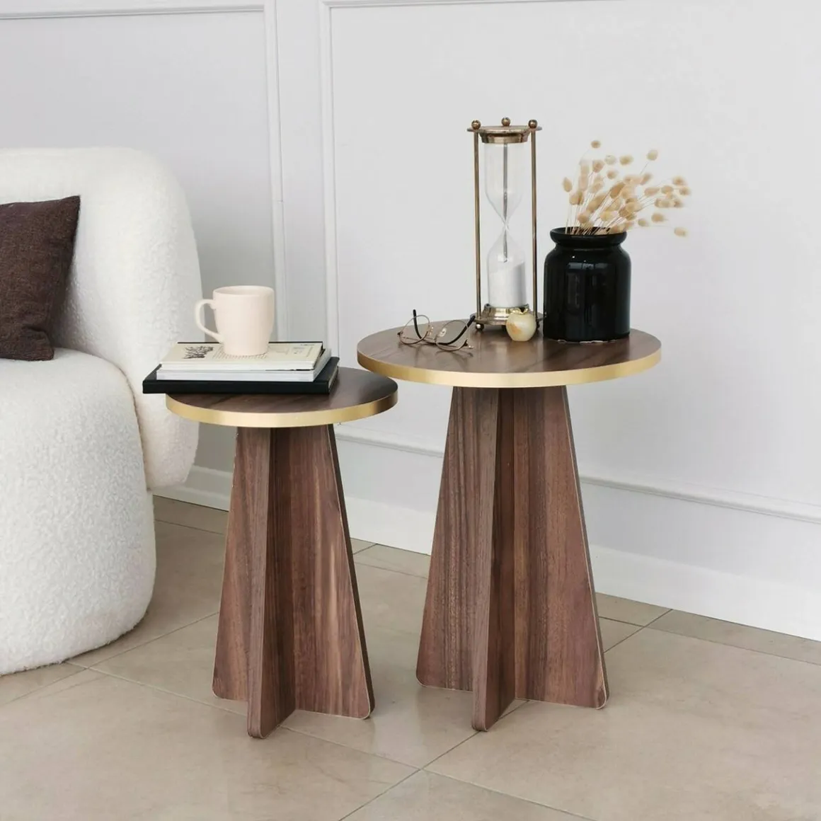 Tavolini Da Salotto|Salotto > Dmora Tavolino soggiorno rotondo oro e noce 60x60x40h cm - Armanda Marrone Noce, Oro