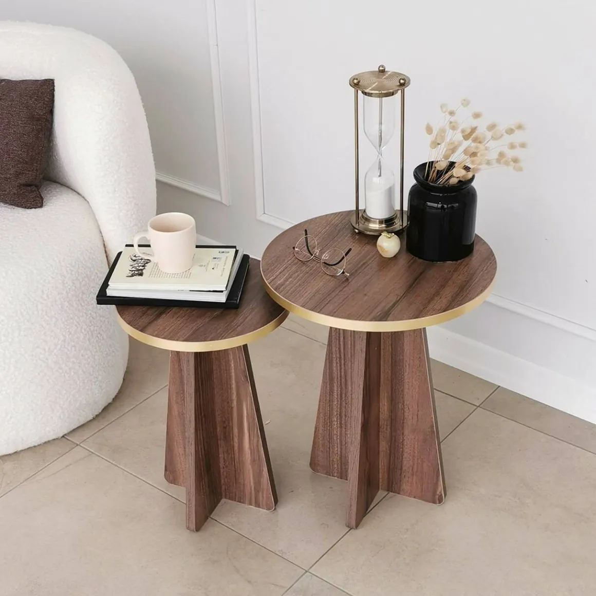 Tavolini Da Salotto|Salotto > Dmora Tavolino soggiorno rotondo oro e noce 60x60x40h cm - Armanda Marrone Noce, Oro