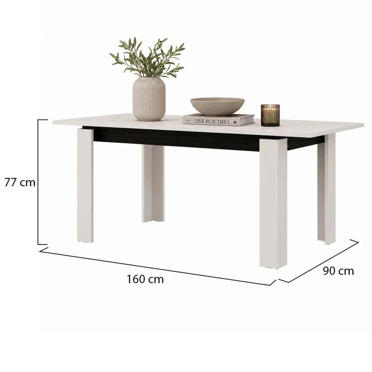Tavoli Allungabili > Dmora Tavolo Allungabile Bianco Crema Nero 8 Posti Allungabile 160x90x77h cm, Meccanismo Estensione Allunga Centrale - Lajon Nero, Bianco Crema