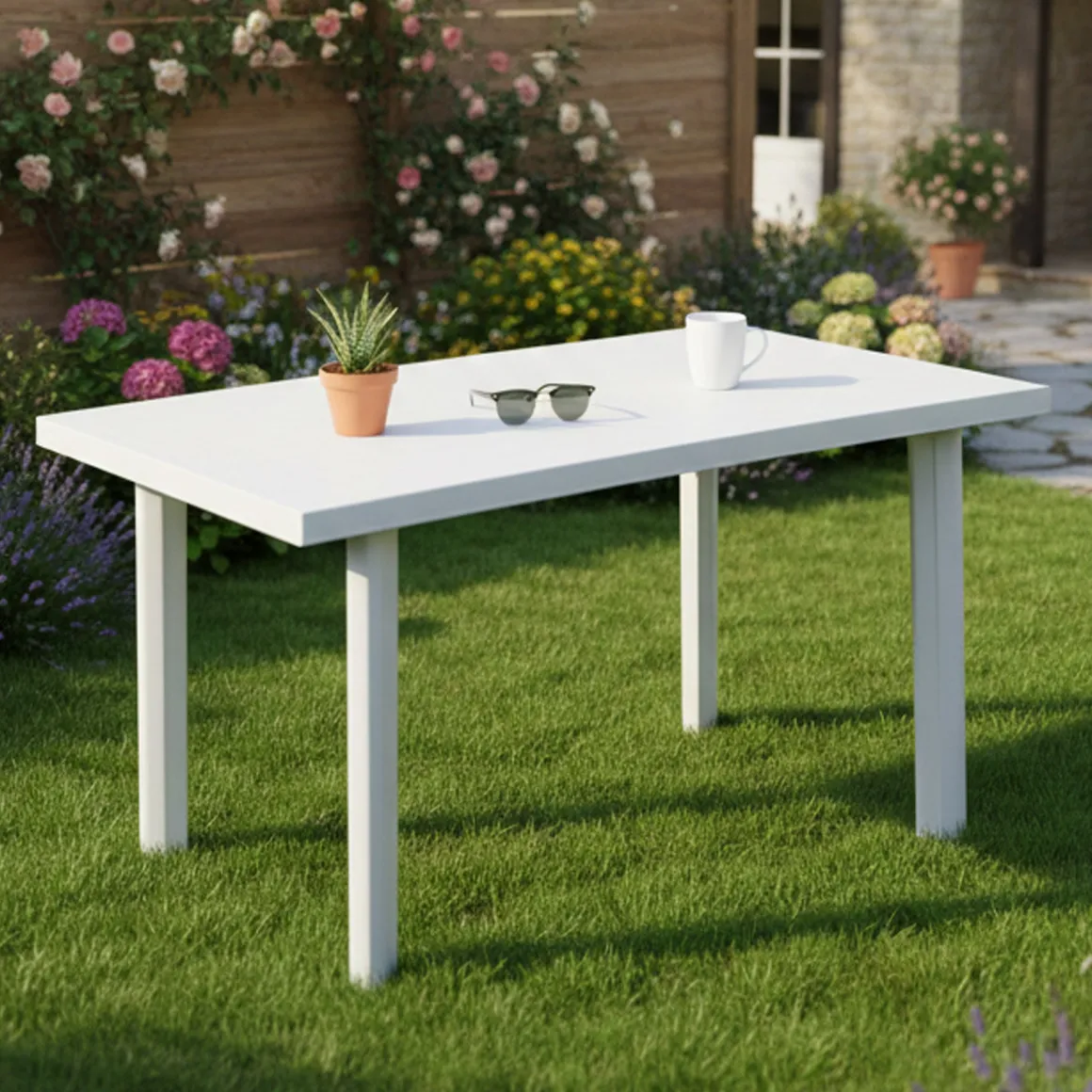 Tavolo da Esterno Bianco 6 Posti Finitura Effetto Liscio 126x76x72h cm, Lunghezza Massima 126 cm Made in Italy - Ozello