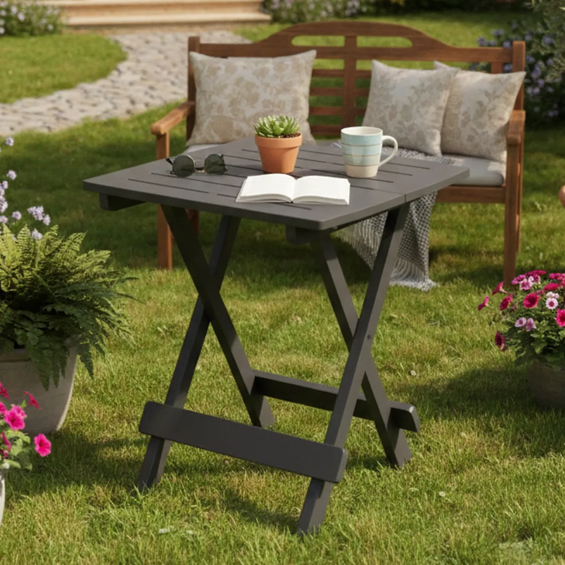 Tavolo da Esterno Nero Antracite 2 Posti Lunghezza Massima 44 cm 44x44x50h cm, Finitura Effetto Liscio Made in Italy - Elpino