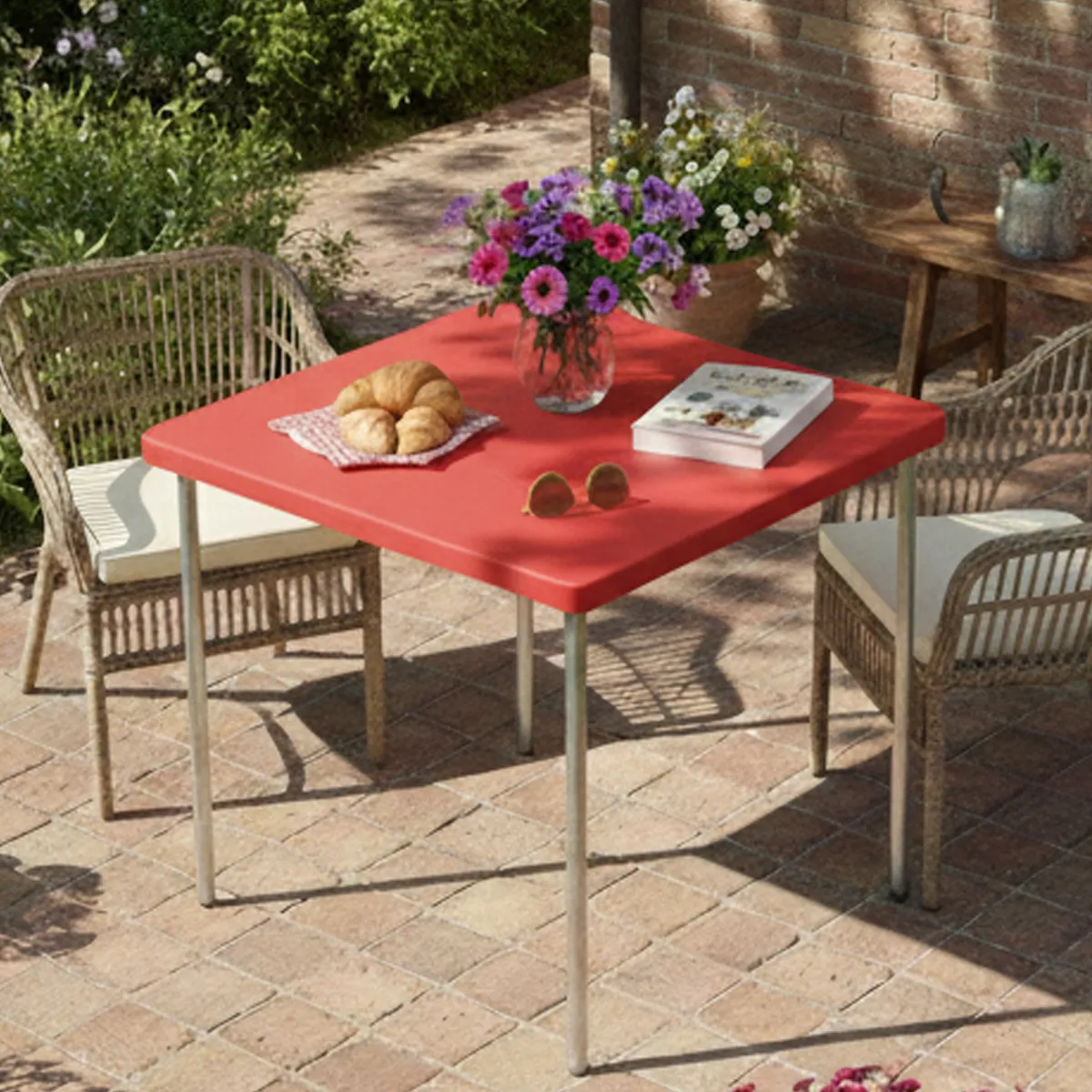 Tavoli Da Esterno > Dmora Tavolo da Esterno 4 Posti Tavolo Tavolo Fisso Quadrato 75x75x72h cm, Lunghezza Massima 75 cm Made in Italy - Brownstown Rosso